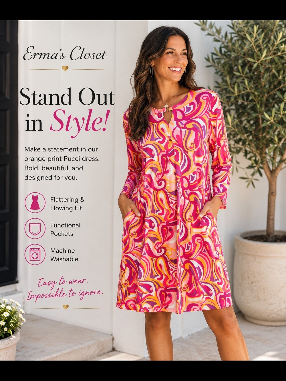 Swirl Print Pink & Orange Keyhole Dress with Pockets